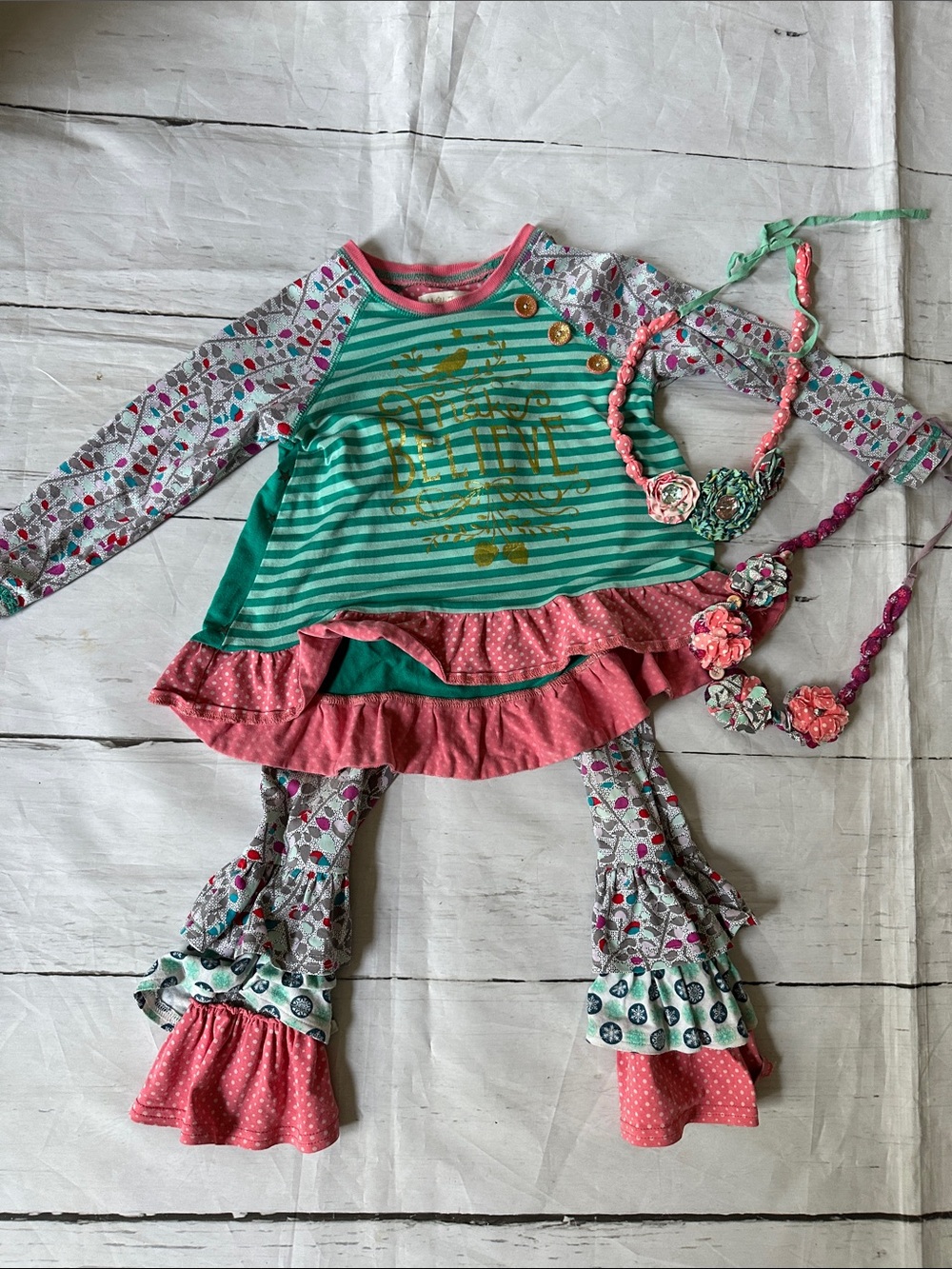 Matilda Jane Teal, Pink & Gray Girls Matching Set with Floral Accents holiday 2T